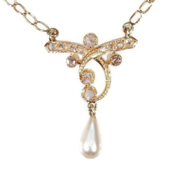 Victorian pearl diamond pendant necklace red gold